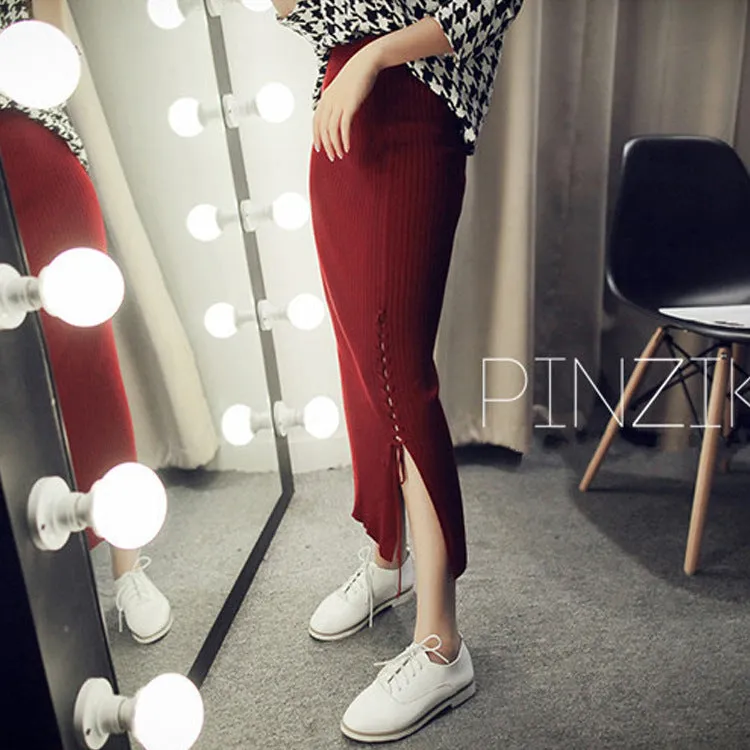 Korean Lace Splitted High Waist Knitted Slim Look Hip Flattering Skirt