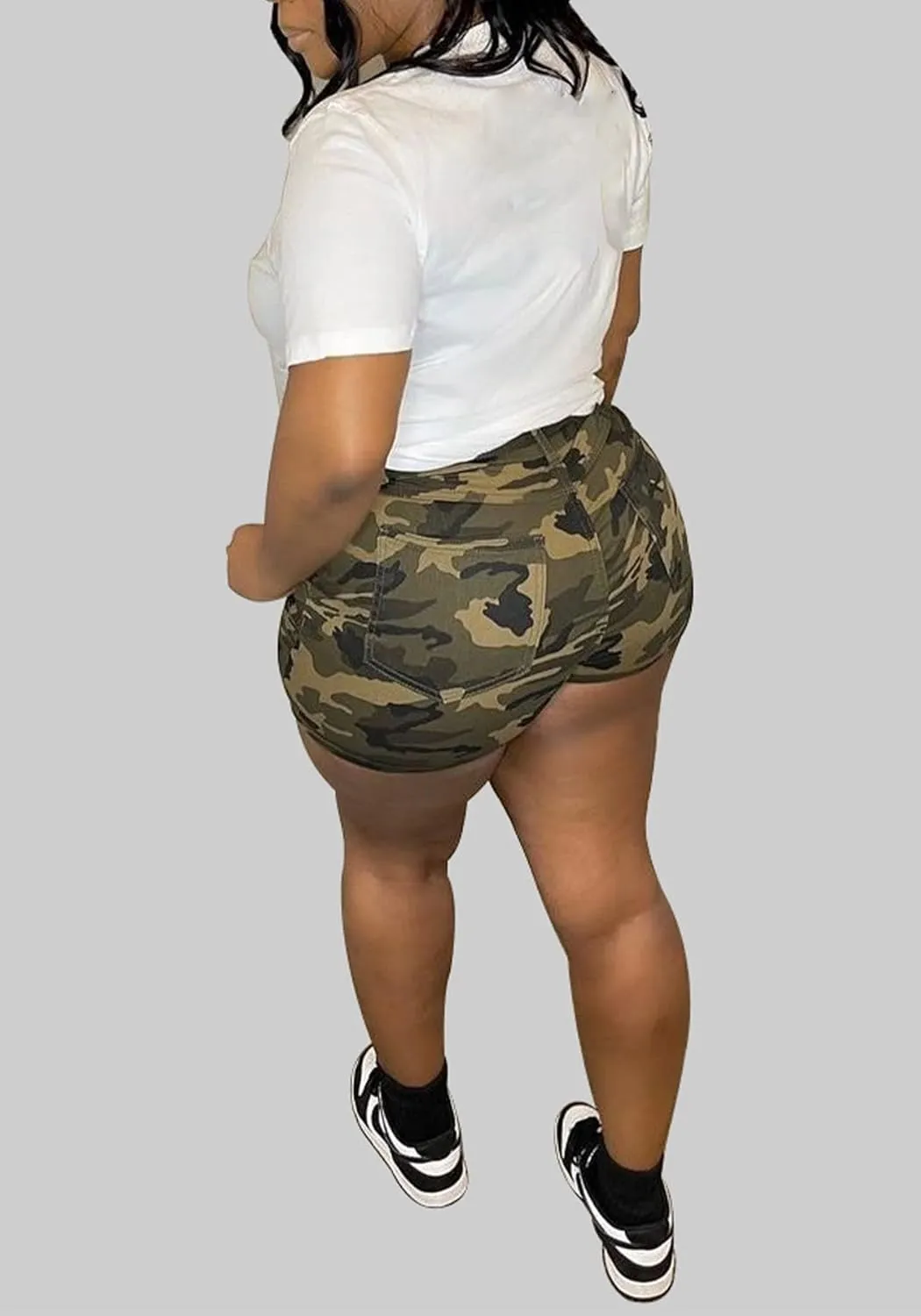 LAJIOJIO Women's Camo Cargo Shorts High Waisted Casual Army Camouflage Print Shorts Summer Bodycon Biker Jogger Mini Shorts