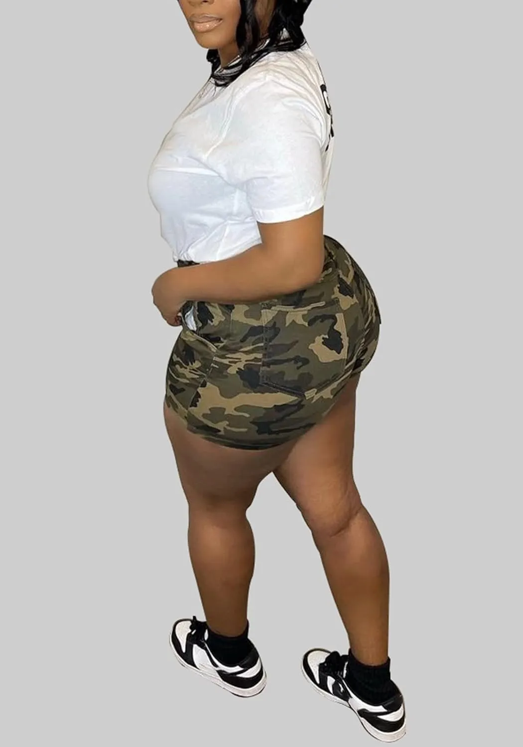 LAJIOJIO Women's Camo Cargo Shorts High Waisted Casual Army Camouflage Print Shorts Summer Bodycon Biker Jogger Mini Shorts