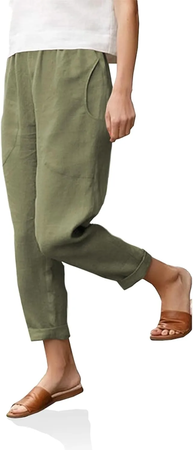 Langwyqu Womens Casual Cotton Tapered Capri Cargo Pants Loose Elastic Waist Ankle Cropped Trouser with Pockets