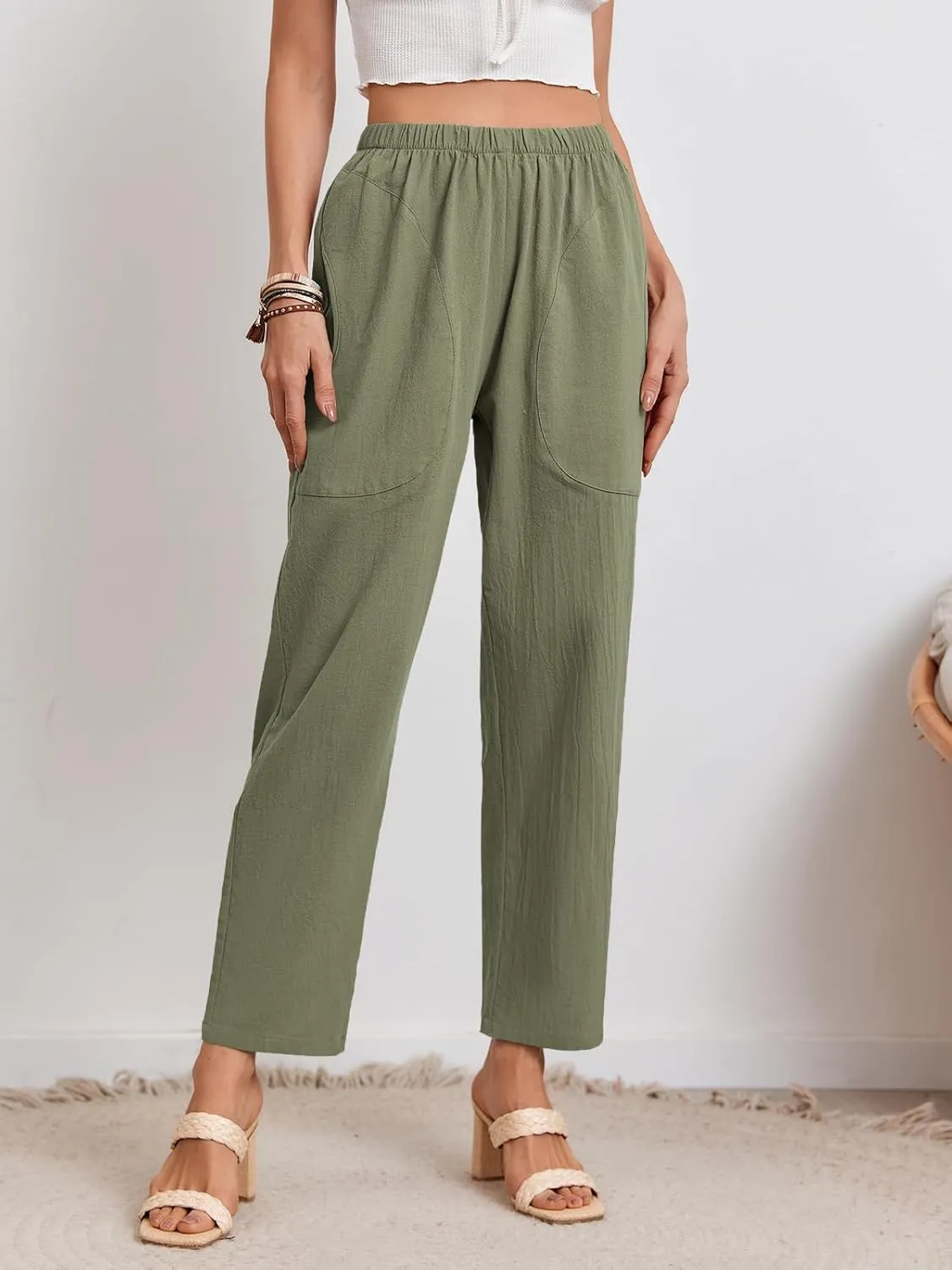 Langwyqu Womens Casual Cotton Tapered Capri Cargo Pants Loose Elastic Waist Ankle Cropped Trouser with Pockets