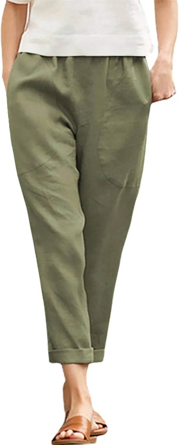 Langwyqu Womens Casual Cotton Tapered Capri Cargo Pants Loose Elastic Waist Ankle Cropped Trouser with Pockets