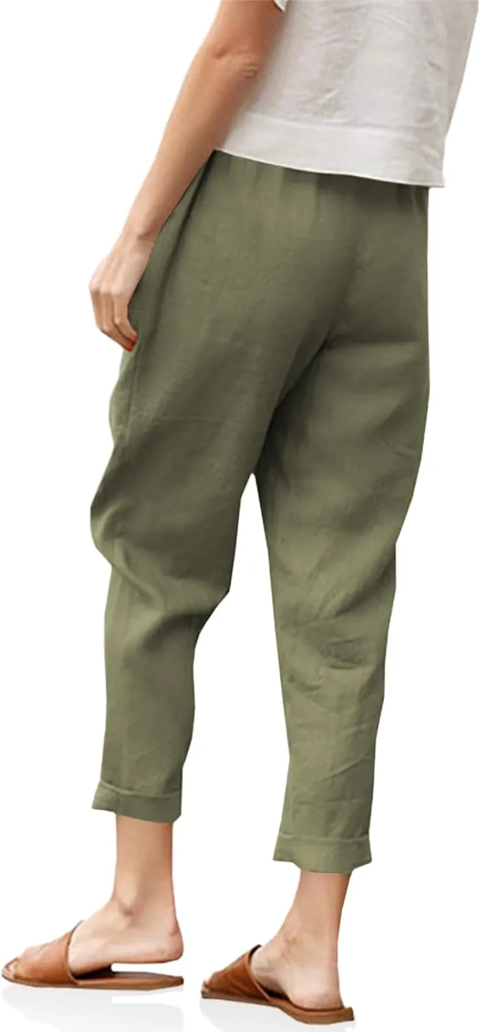 Langwyqu Womens Casual Cotton Tapered Capri Cargo Pants Loose Elastic Waist Ankle Cropped Trouser with Pockets