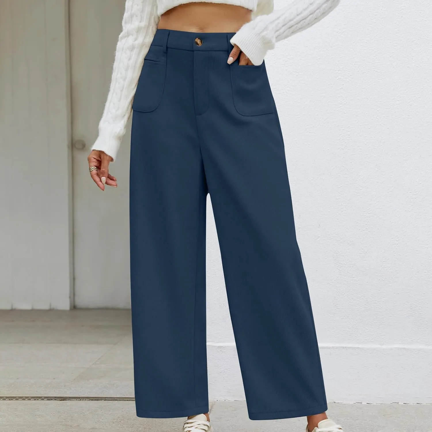 Lastesso Pants for Women Soft Corduroy High Waisted Pants with Pockets Casual Business Lounge Long Trousers Solid Slacks