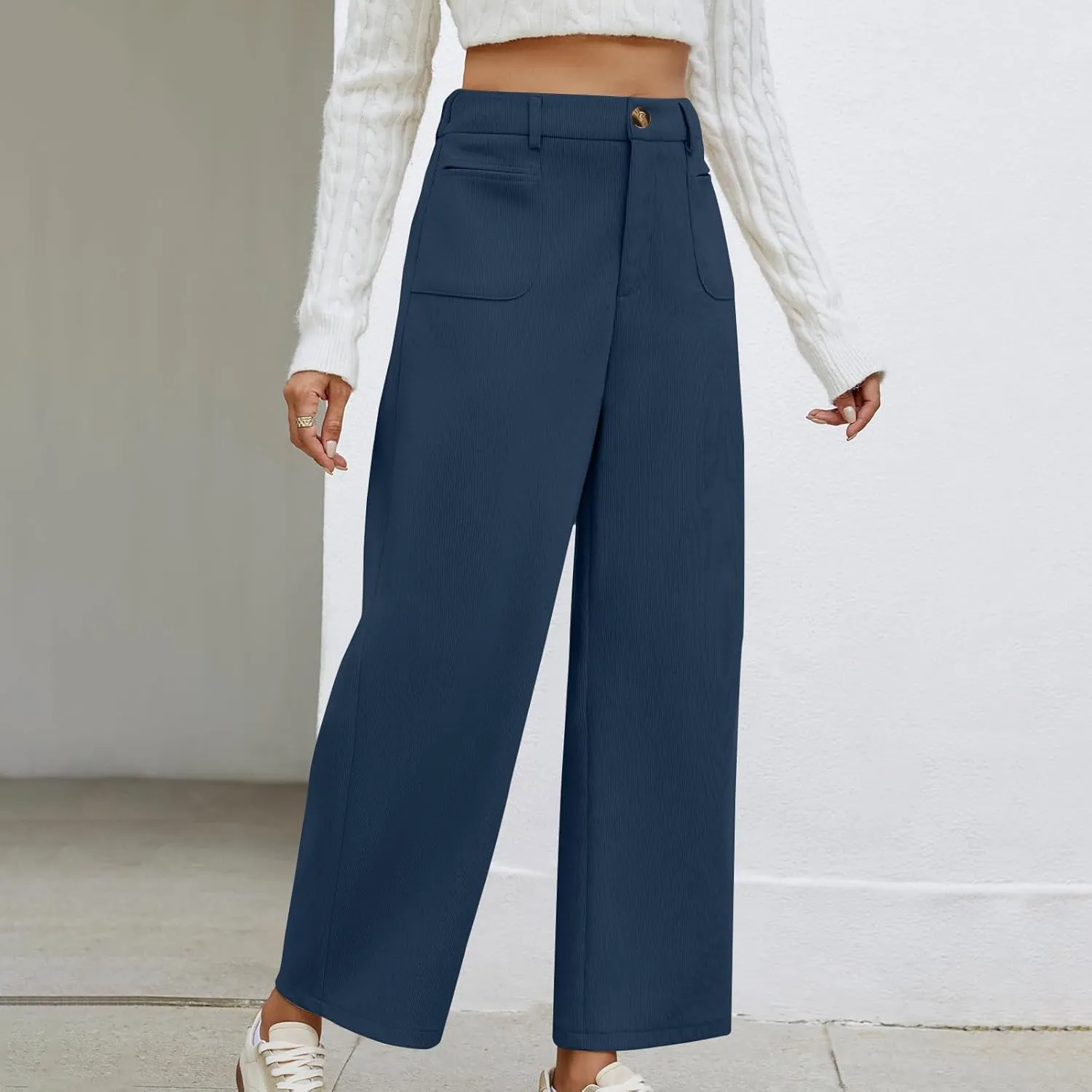 Lastesso Pants for Women Soft Corduroy High Waisted Pants with Pockets Casual Business Lounge Long Trousers Solid Slacks
