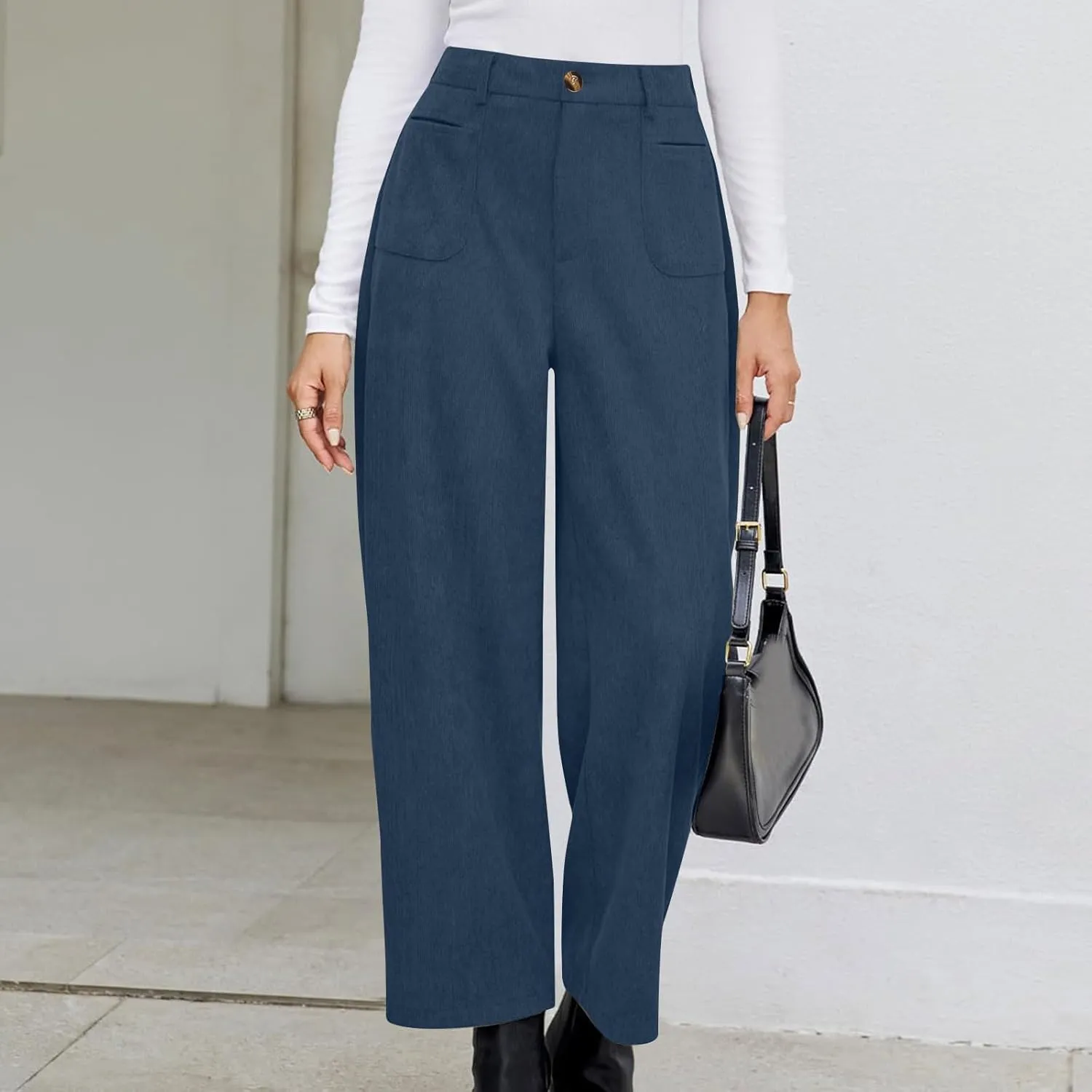 Lastesso Pants for Women Soft Corduroy High Waisted Pants with Pockets Casual Business Lounge Long Trousers Solid Slacks