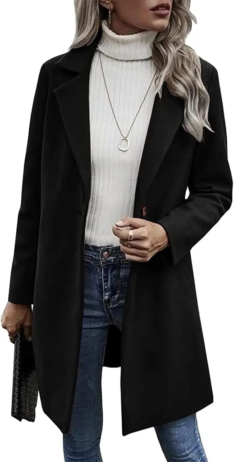 Lastesso Women's Solid Long Sleeve Trench Coat Open Front Loose Fit Cardigans Plaid Lapel Notched Collar Outerwear Comfy Coat