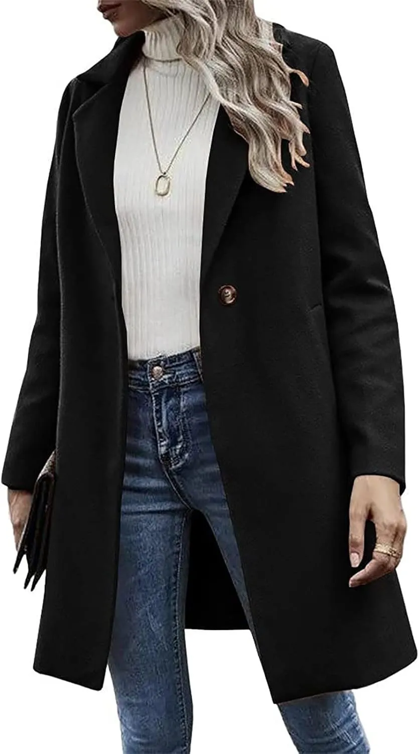 Lastesso Women's Solid Long Sleeve Trench Coat Open Front Loose Fit Cardigans Plaid Lapel Notched Collar Outerwear Comfy Coat