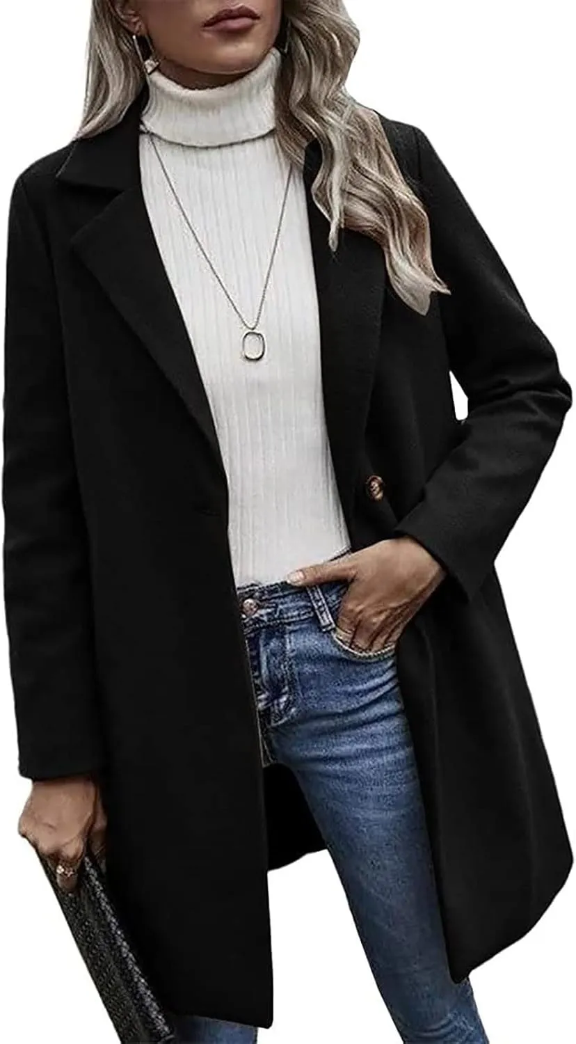 Lastesso Women's Solid Long Sleeve Trench Coat Open Front Loose Fit Cardigans Plaid Lapel Notched Collar Outerwear Comfy Coat