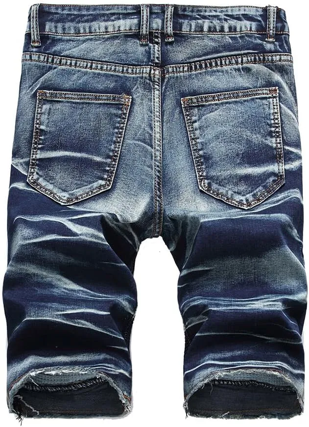 Lavnis Men's Casual Denim Shorts Classic Fit Ripped Jeans Biker Shorts