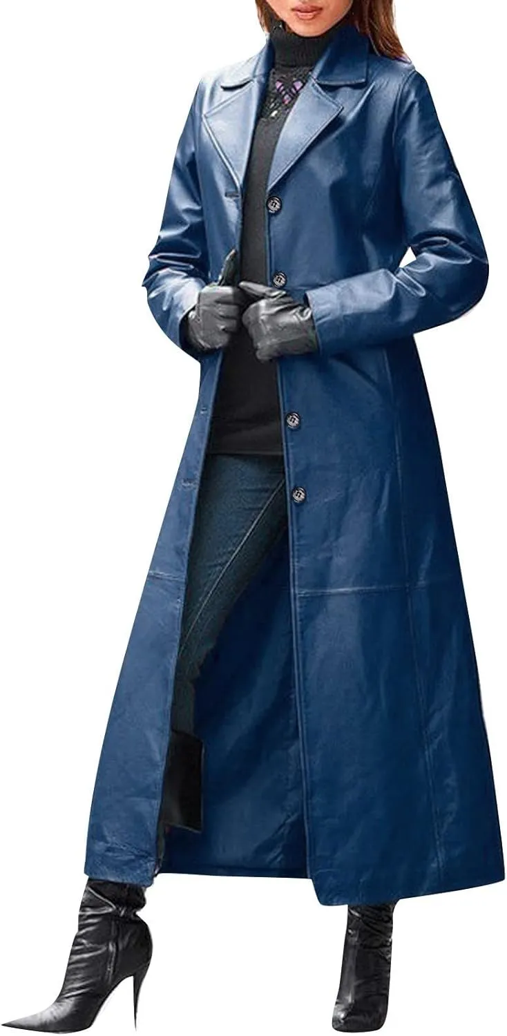 Leather Trench Coat Women's Large Size Single Breasted Pea Coat Notch Collar Long Coat 2024 Winter Jacket