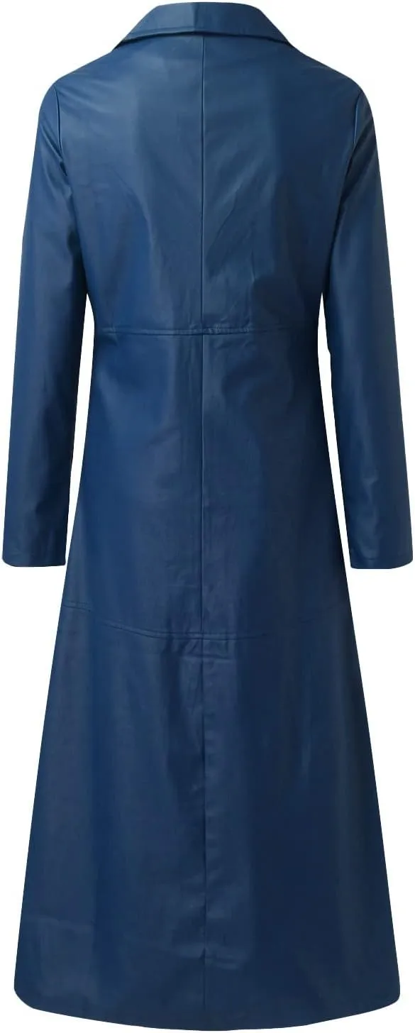 Leather Trench Coat Women's Large Size Single Breasted Pea Coat Notch Collar Long Coat 2024 Winter Jacket