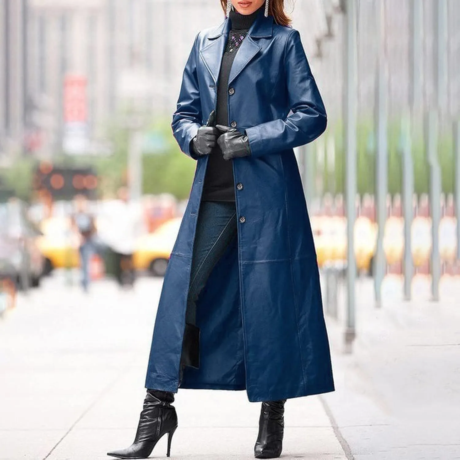 Leather Trench Coat Women's Large Size Single Breasted Pea Coat Notch Collar Long Coat 2024 Winter Jacket