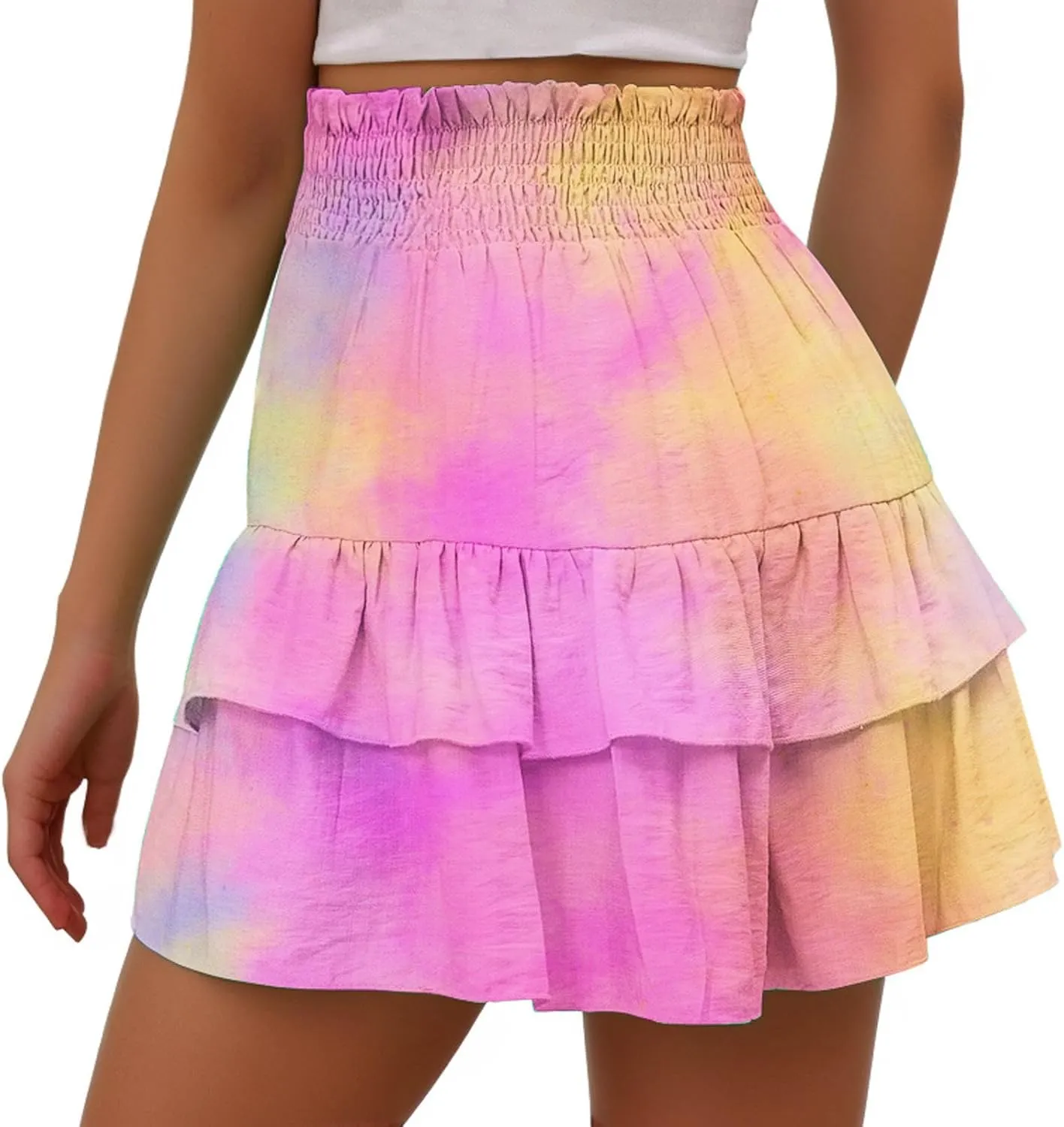 LEMONONSTORE Women's High Waist Ruffle Mini Skirt Cute Tiered Skorts Casual Summer Beach Flowy Retro Tiedye Skirt with Shorts