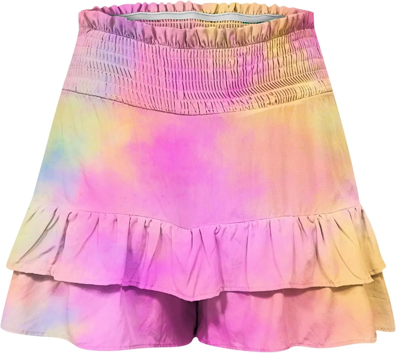 LEMONONSTORE Women's High Waist Ruffle Mini Skirt Cute Tiered Skorts Casual Summer Beach Flowy Retro Tiedye Skirt with Shorts