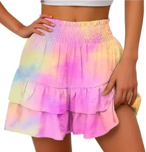 LEMONONSTORE Women's High Waist Ruffle Mini Skirt Cute Tiered Skorts Casual Summer Beach Flowy Retro Tiedye Skirt with Shorts