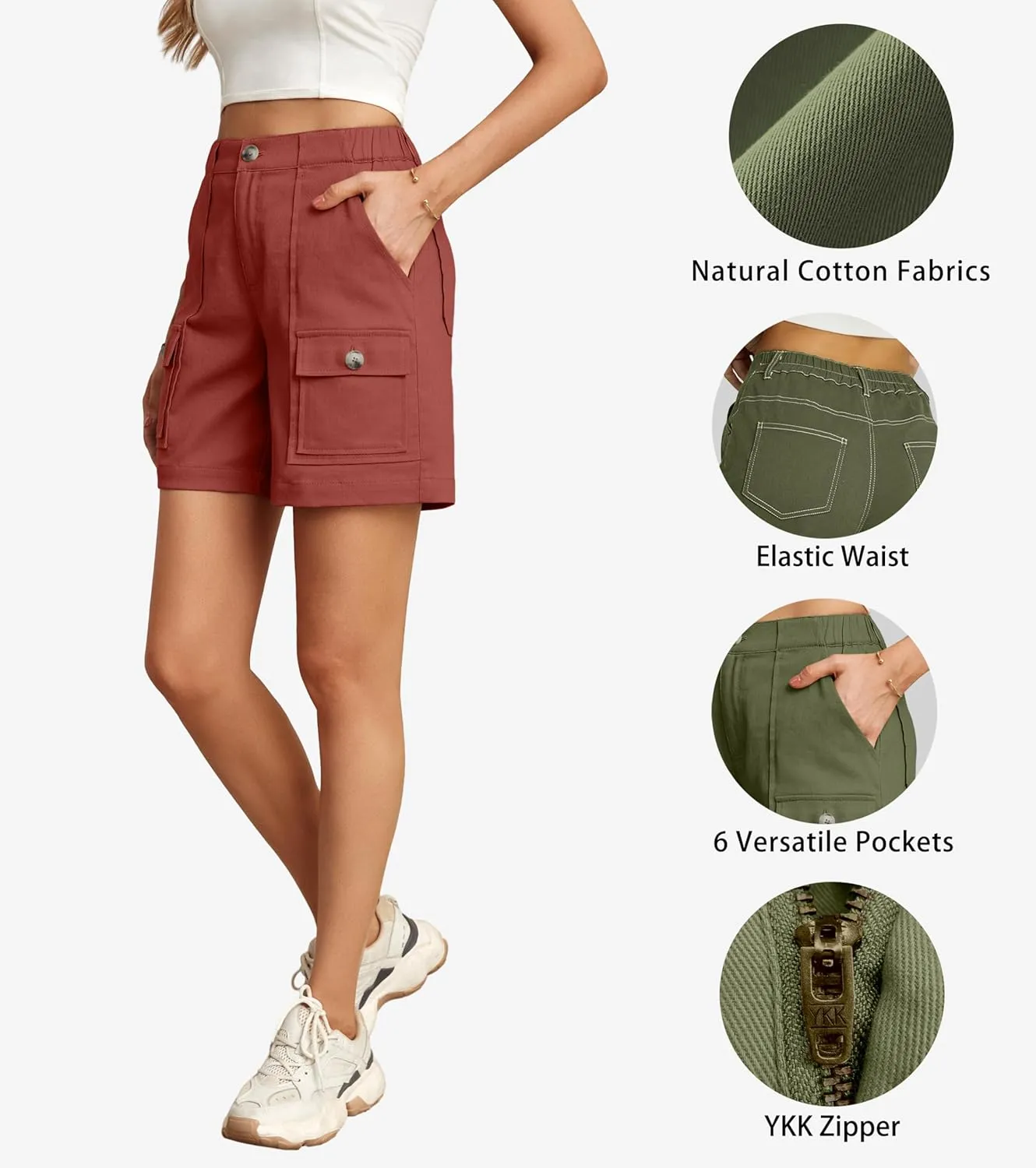 Lepunuo Cargo Shorts for Women Baggy Casual Elastic Waist Shorts Relaxed Fit Stretch Cargo Shorts with 6 Pockets