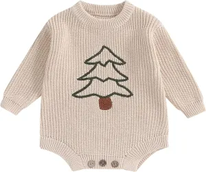 Lesimsam Newborn Baby Boy Girl Christmas Outfit Knit Sweater Romper Oversized Long Sleeve Bubble Romper Warm Winter Clothes