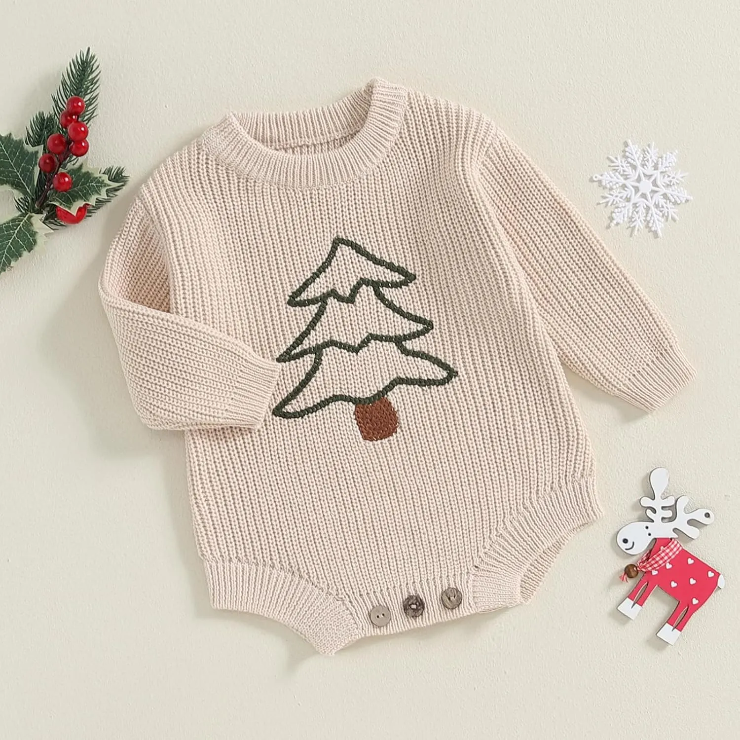 Lesimsam Newborn Baby Boy Girl Christmas Outfit Knit Sweater Romper Oversized Long Sleeve Bubble Romper Warm Winter Clothes