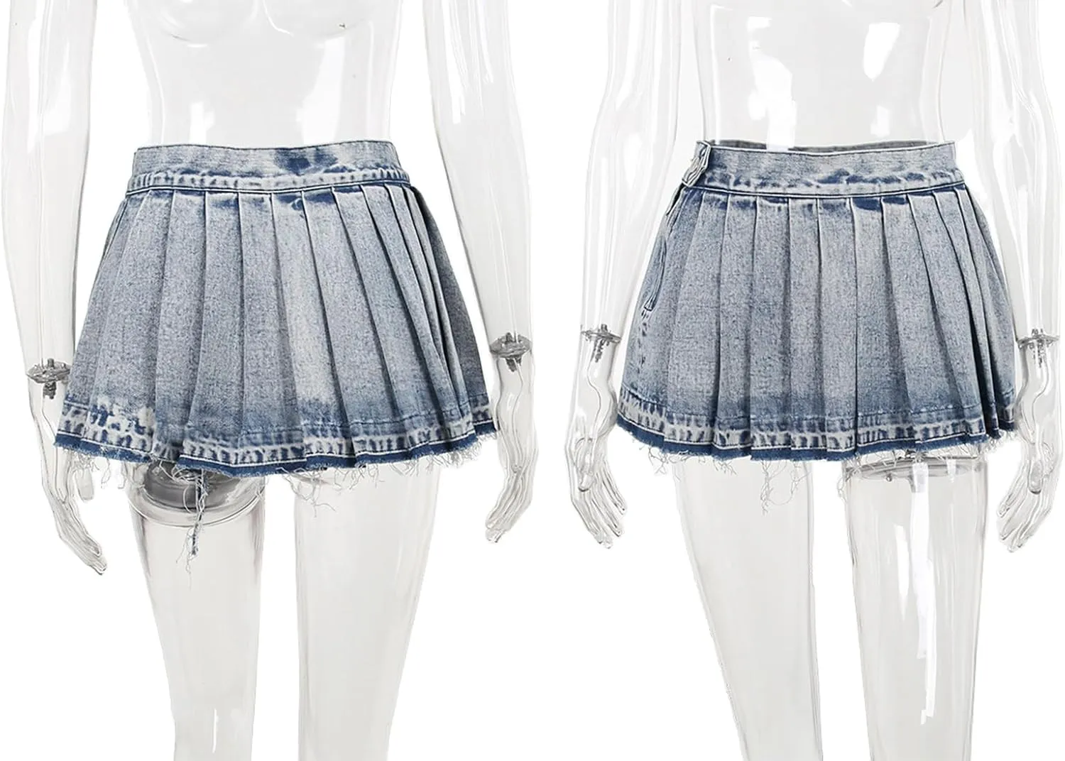 LETSVDO Denim Skirt Women Mini Pleated High Waisted Ruffle A Line Flare Jean Short Skirts