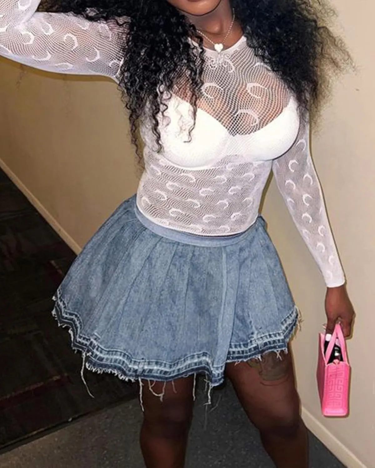 LETSVDO Denim Skirt Women Mini Pleated High Waisted Ruffle A Line Flare Jean Short Skirts