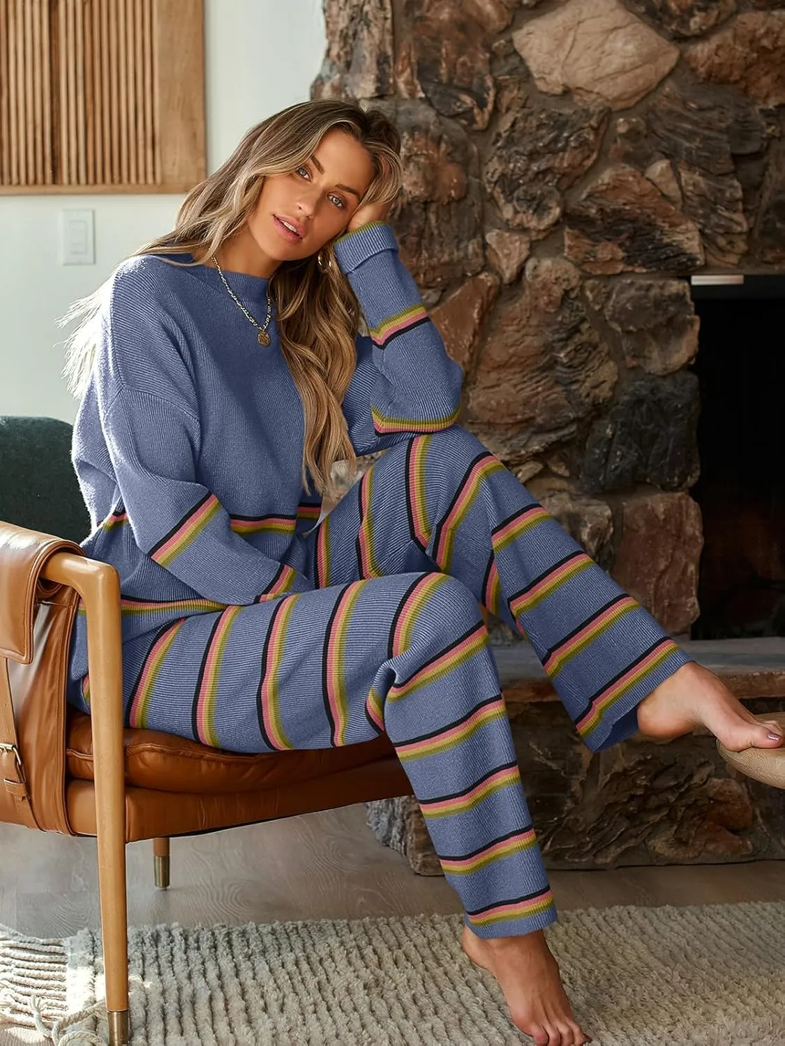 LILLUSORY 2 Piece Sets for Women 2025 Two Piece Lounge Sets Fall Fashion Oversized Striped Knit Sweaters Outfits Clothes