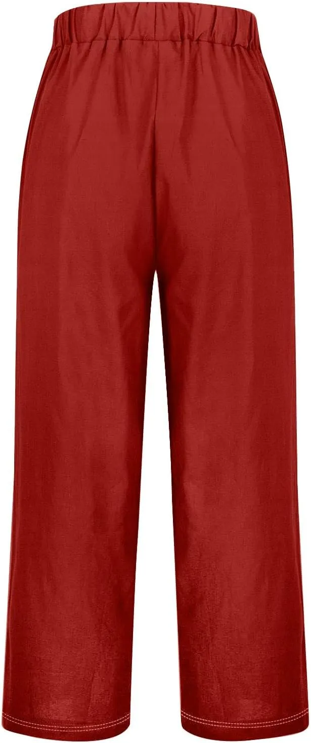 Linen Capri Pants for Women High Waisted Wide Leg Lounge Pant with Pockets Comfy Soft Trousers Casual Resort Wear
