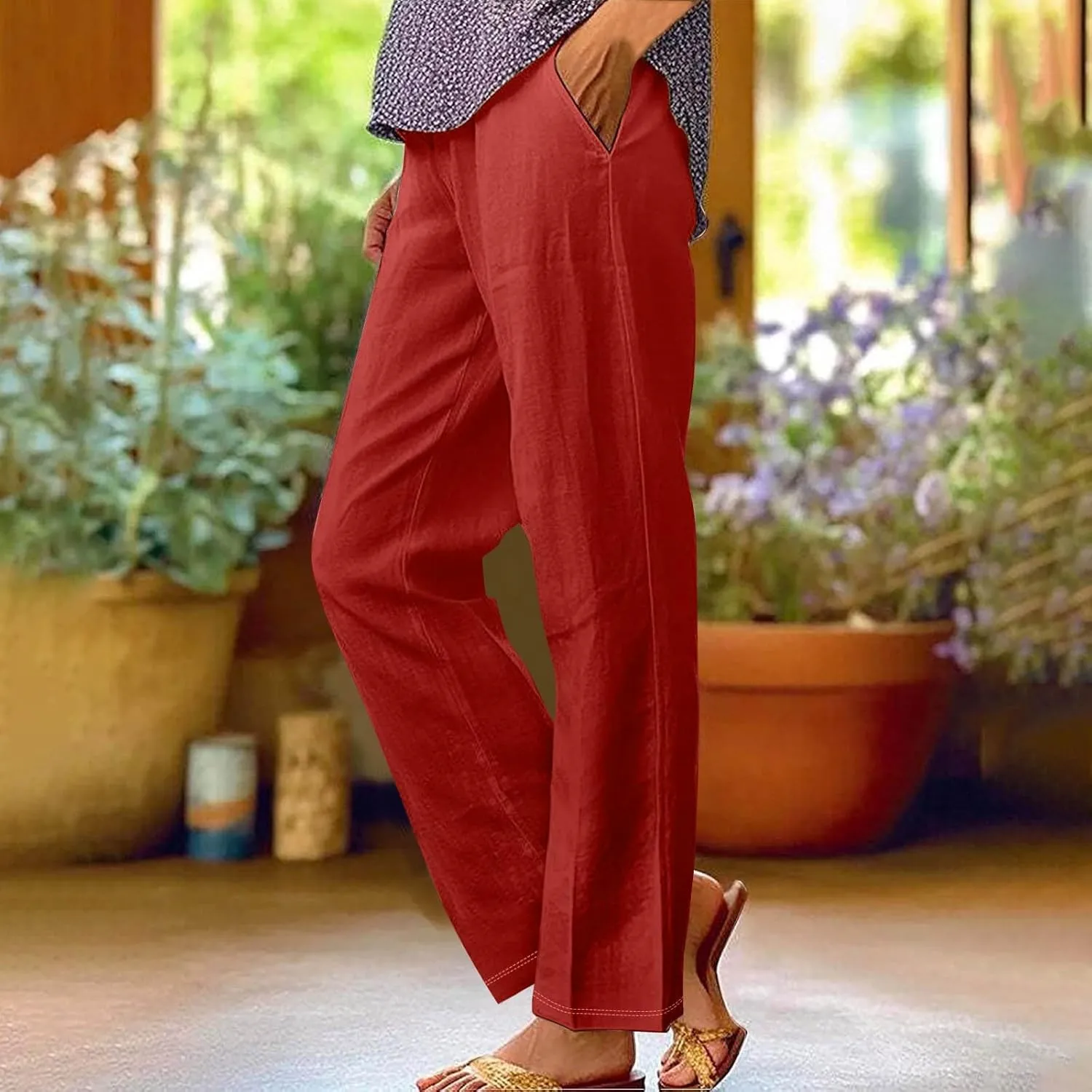 Linen Capri Pants for Women High Waisted Wide Leg Lounge Pant with Pockets Comfy Soft Trousers Casual Resort Wear