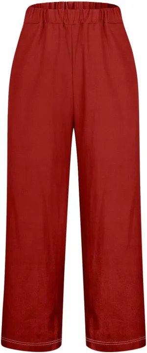 Linen Capri Pants for Women High Waisted Wide Leg Lounge Pant with Pockets Comfy Soft Trousers Casual Resort Wear