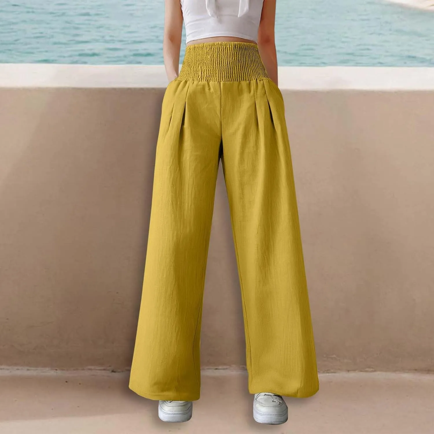 Linen Palazzo Pants for Women High Waist Summer Wide Leg Pants Lightweight Flowy Drawstring Smocked Lounge