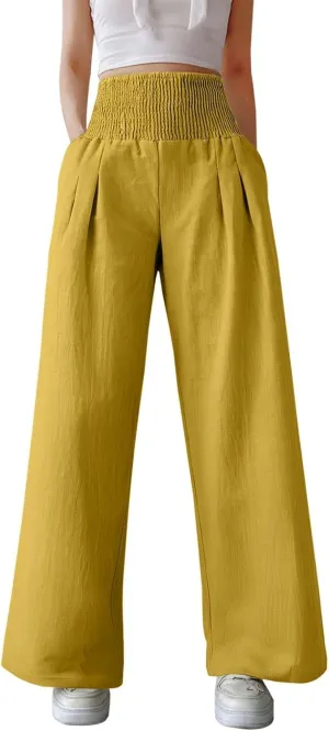Linen Palazzo Pants for Women High Waist Summer Wide Leg Pants Lightweight Flowy Drawstring Smocked Lounge