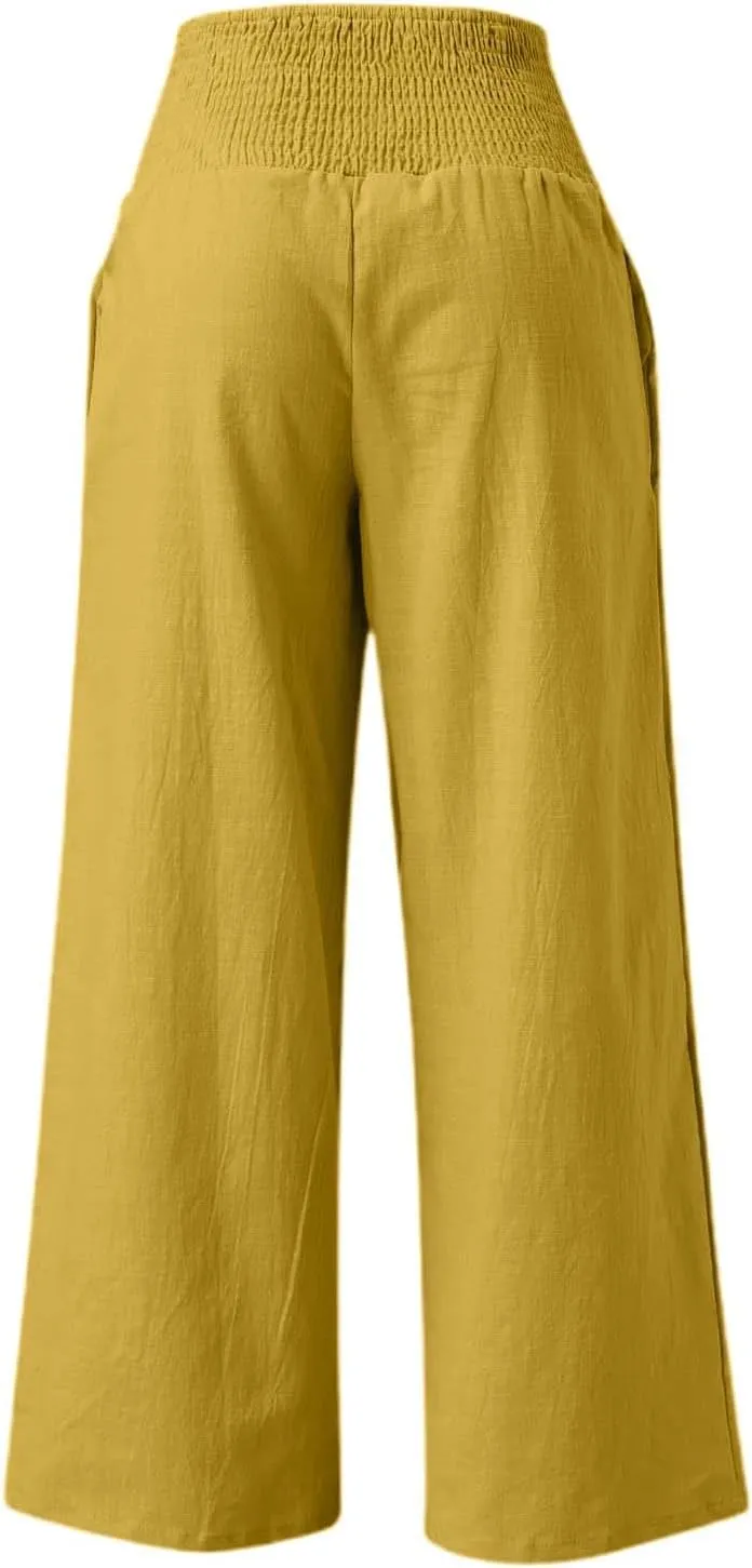 Linen Palazzo Pants for Women High Waist Summer Wide Leg Pants Lightweight Flowy Drawstring Smocked Lounge