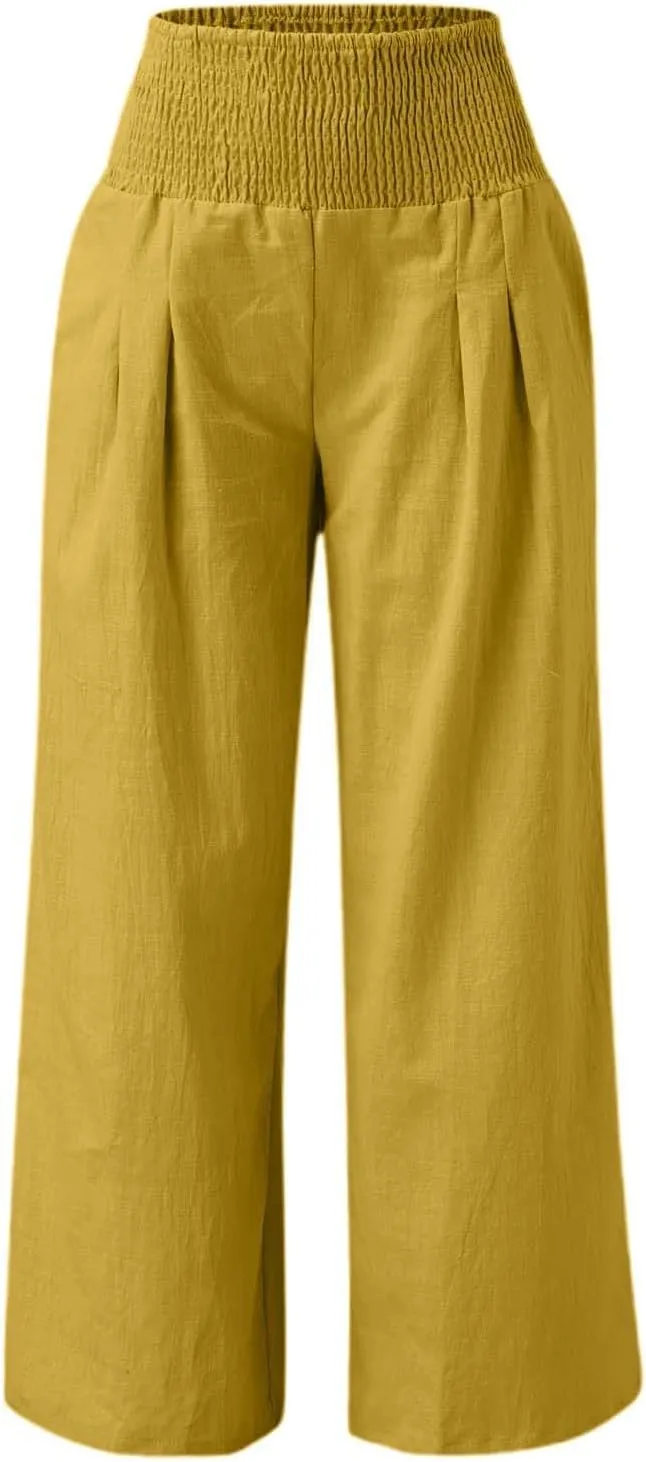 Linen Palazzo Pants for Women High Waist Summer Wide Leg Pants Lightweight Flowy Drawstring Smocked Lounge