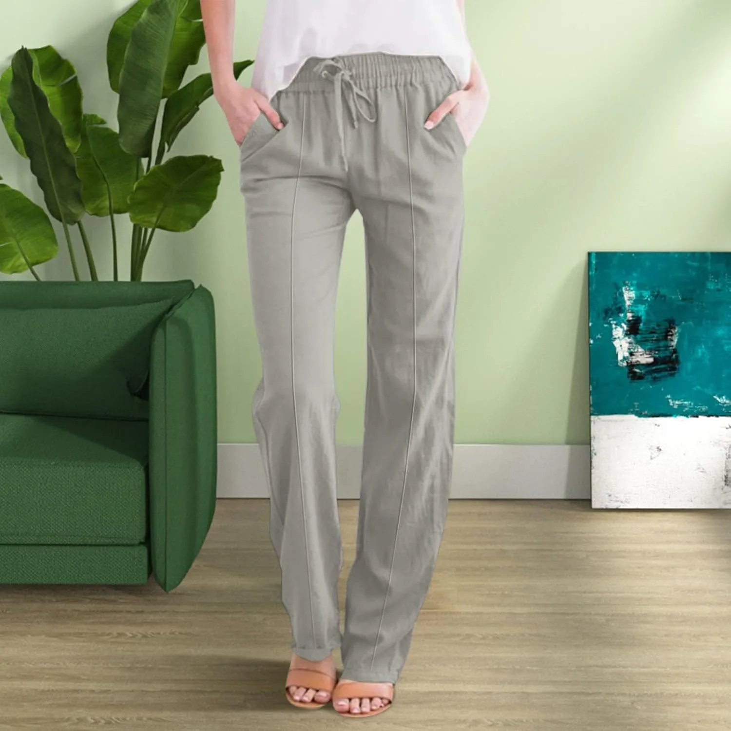 Linen Pants Capri Pants Cotton Linen High Waisted Trousers Casual Summer Lounge Trousers