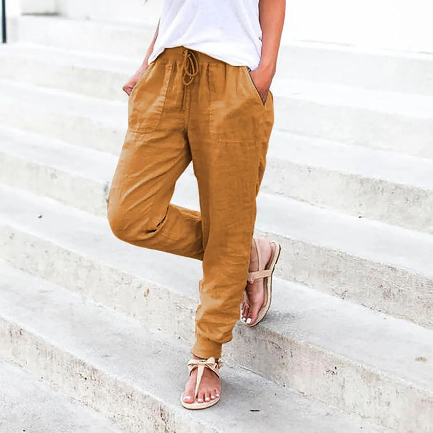 Linen Pants for Women 2025 Summer High Waist Straight Leg Lounge Pant Casual Loose Lightweight Beach Trousers with