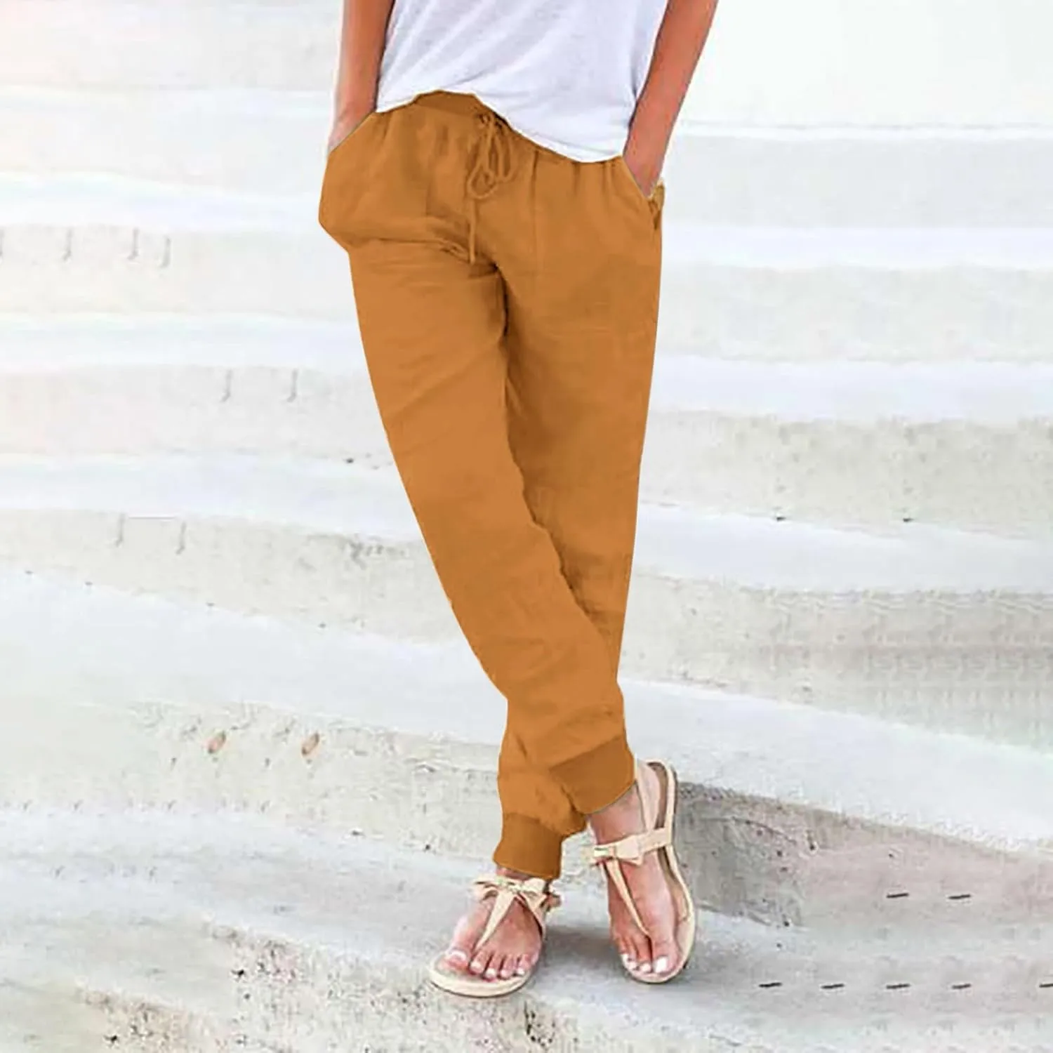 Linen Pants for Women 2025 Summer High Waist Straight Leg Lounge Pant Casual Loose Lightweight Beach Trousers with