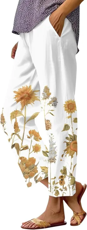 Linen Pants for Women Summer Casual High Waist Boho Floral Cropped Pants Tapered Beach Trousers Capri Pants Pockets