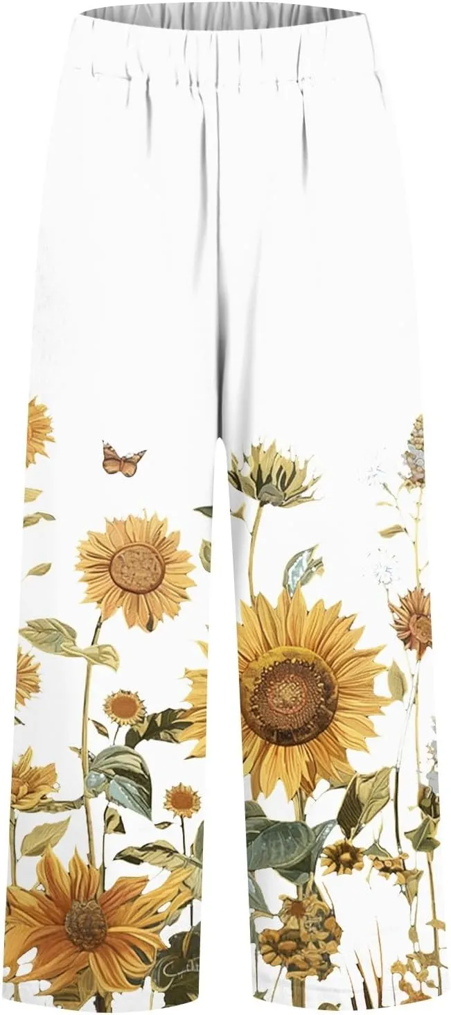 Linen Pants for Women Summer Casual High Waist Boho Floral Cropped Pants Tapered Beach Trousers Capri Pants Pockets