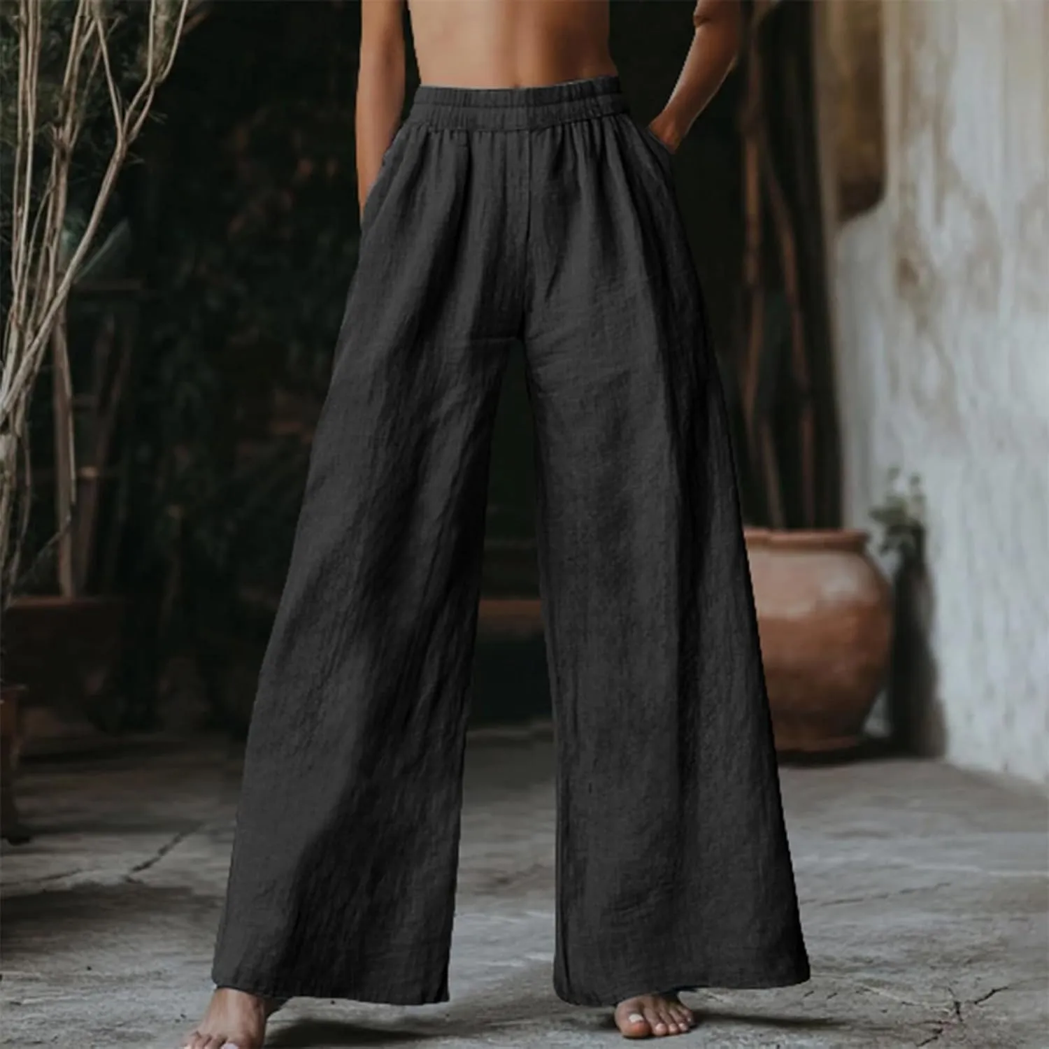Linen Pants for Womens Elastic Waist Wide Leg Casual Trousers Summer Cool Comfy Loose Fit Pants with Pocket Plus Size