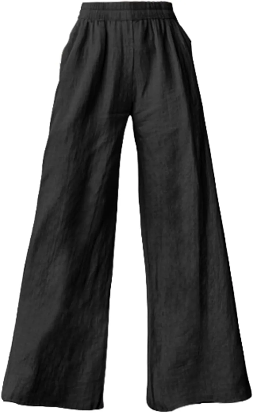 Linen Pants for Womens Elastic Waist Wide Leg Casual Trousers Summer Cool Comfy Loose Fit Pants with Pocket Plus Size