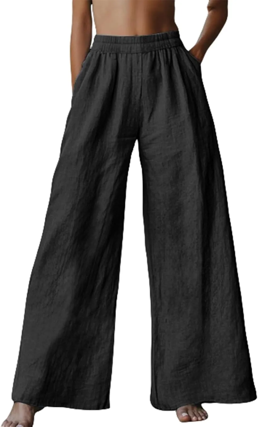 Linen Pants for Womens Elastic Waist Wide Leg Casual Trousers Summer Cool Comfy Loose Fit Pants with Pocket Plus Size