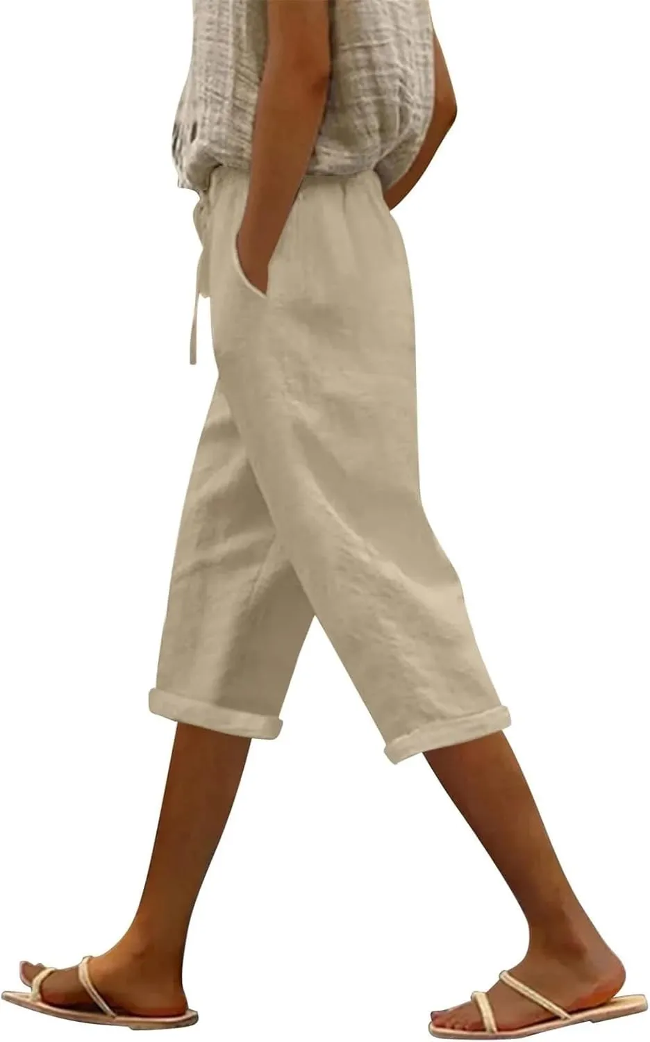 Linen Pants Women Capri Casual Loose Elastic Drawstring Straight Cropped Trousers Summer Beach Travel Vacation