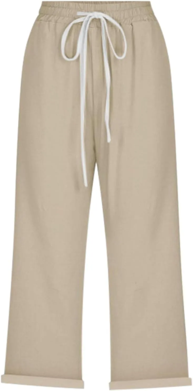 Linen Pants Women Capri Casual Loose Elastic Drawstring Straight Cropped Trousers Summer Beach Travel Vacation