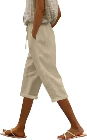 Linen Pants Women Capri Casual Loose Elastic Drawstring Straight Cropped Trousers Summer Beach Travel Vacation