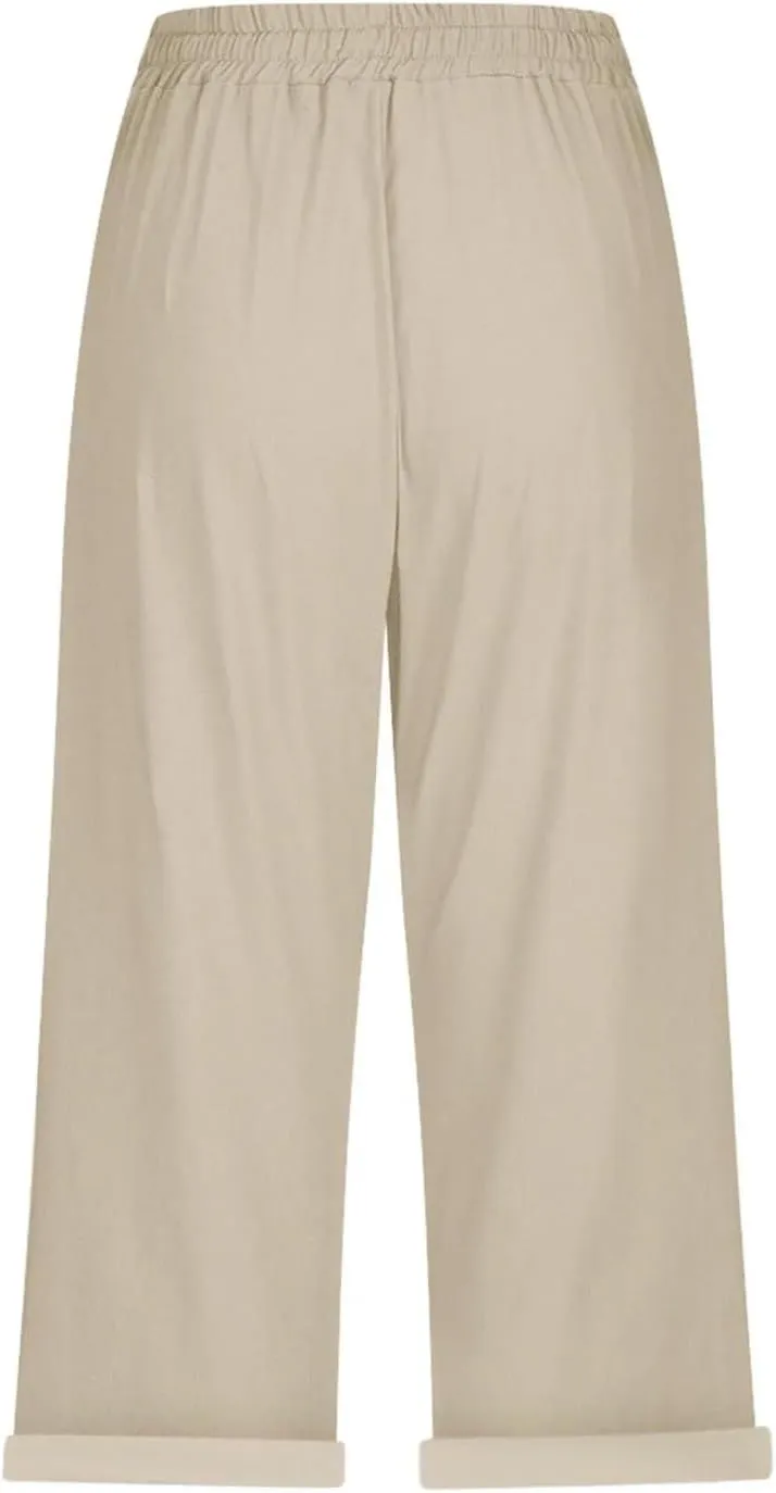 Linen Pants Women Capri Casual Loose Elastic Drawstring Straight Cropped Trousers Summer Beach Travel Vacation