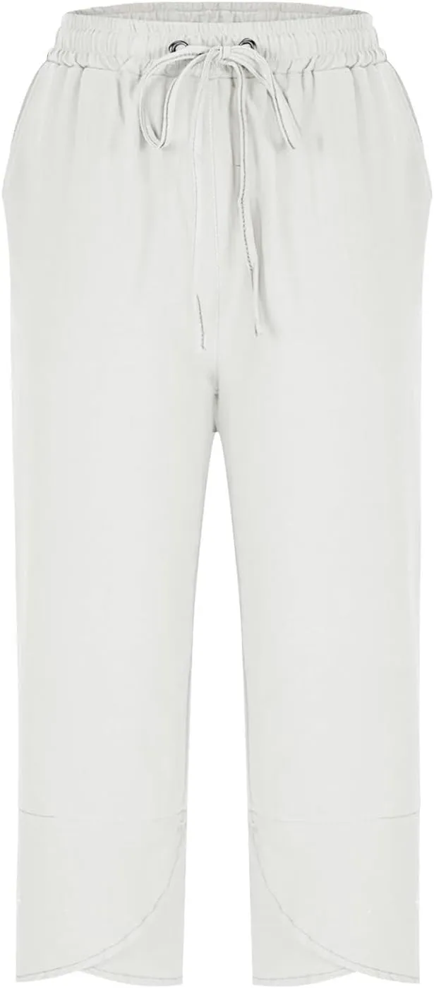 Linen Pants Women Capri Casual Loose High Waist Elastic Drawstring Straight Cropped Trousers Summer Beach Pants