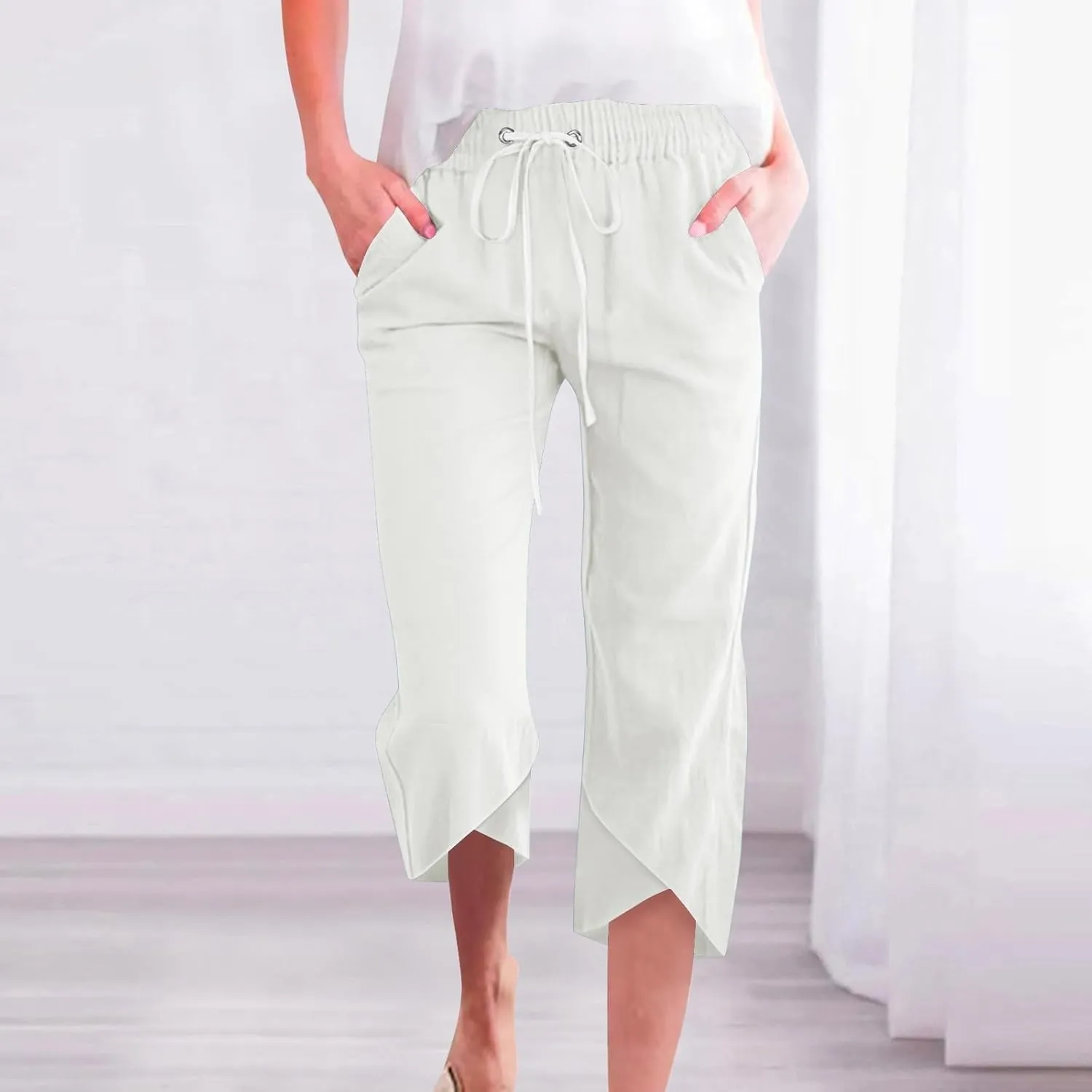 Linen Pants Women Capri Casual Loose High Waist Elastic Drawstring Straight Cropped Trousers Summer Beach Pants