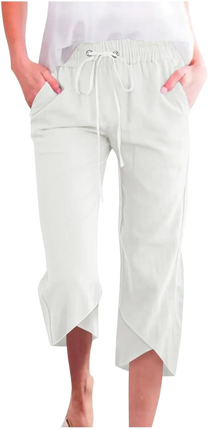 Linen Pants Women Capri Casual Loose High Waist Elastic Drawstring Straight Cropped Trousers Summer Beach Pants