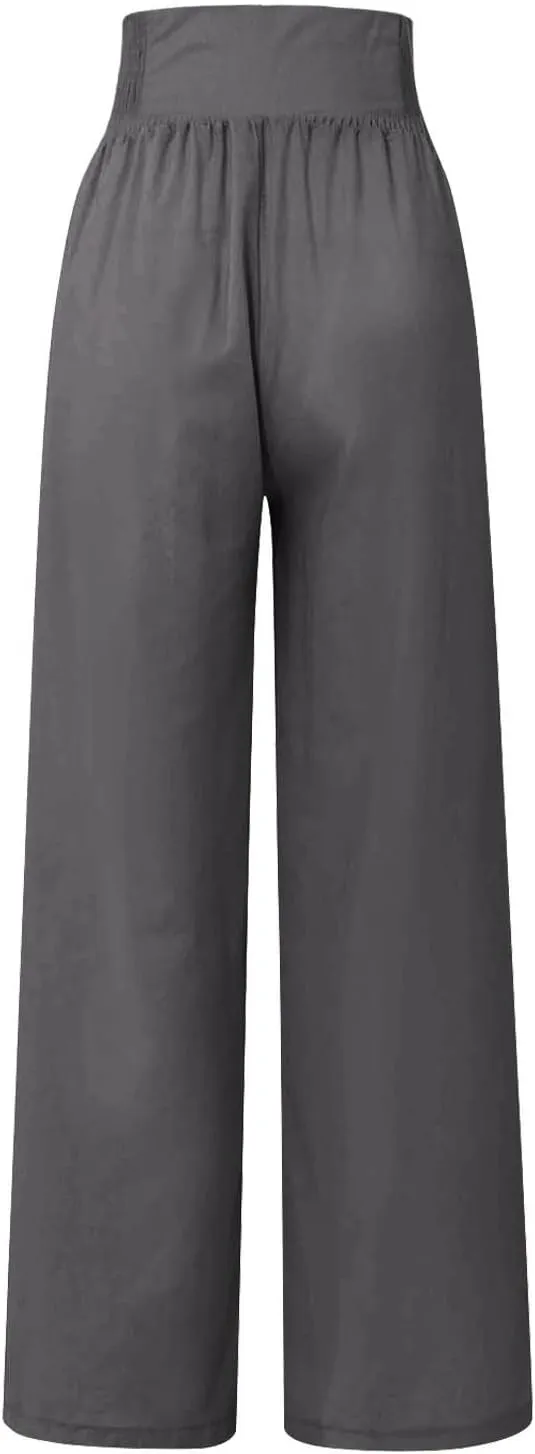 Linen Pants Women Comfy Flowy Wide Leg Pants Trousers Summer High Waisted Beach Palazzo Pants with Pockets 2025