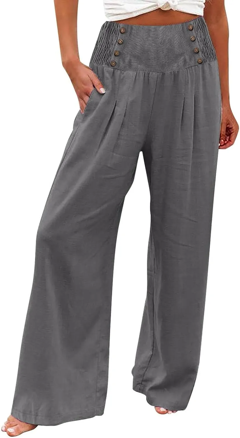 Linen Pants Women Comfy Flowy Wide Leg Pants Trousers Summer High Waisted Beach Palazzo Pants with Pockets 2025